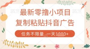 最新零撸小项目，复制粘贴抖音广告即可挣钱，平台大水，任务不限量，一天数张【揭秘】-每日必学网