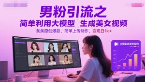 男粉引流之简单利用大模型生成美女视频，条条原创爆款，简单上传制作，变现日1k+-每日必学网