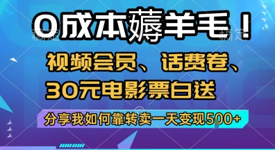 久爱副业网,网赚项目,网赚论坛博客网分享0成本薅羊毛!视频会员、话费卷、30元电影票白送，分享我如何靠转卖一天变现5张+【揭秘】