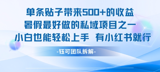 久爱副业网,网赚项目,网赚论坛博客网分享单条贴子带来5张的收益，暑假最好做的私域项目之一，小白也能轻松上手，有小红书就行