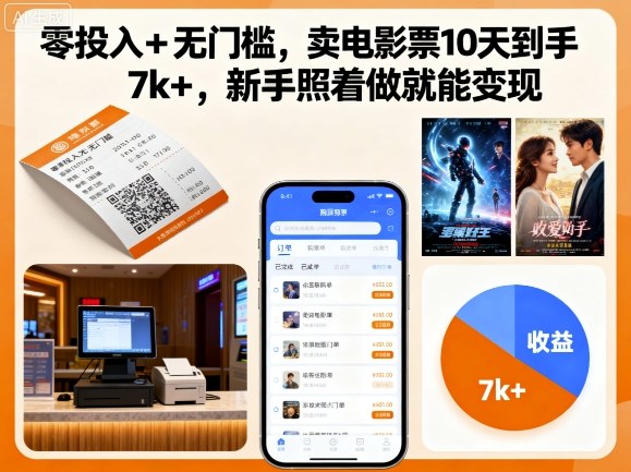 久爱副业网,网赚项目,网赚论坛博客网分享零投入+无门槛，卖电影票10天到手7k+，新手照着做就能变现【揭秘】