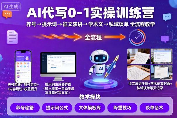久爱副业网,网赚项目,网赚论坛博客网分享AI代写0-1实操训练营，从养号、提示词、征文演讲、学术文，到私域谈单的全流程教学