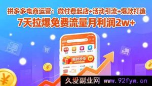 （15960期）拼多多运营秘籍：低本起店+活动吸流+爆品塑造 7 天解锁免费流量月赚 2 万+-每日必学网
