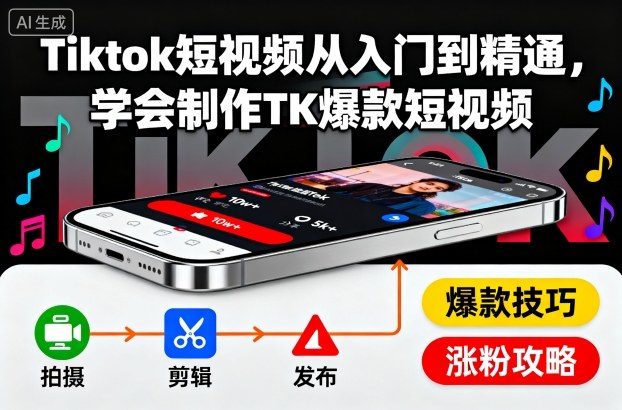 Tiktok短视频从入门到精通,学会制作TK爆款短视频-每日必学网