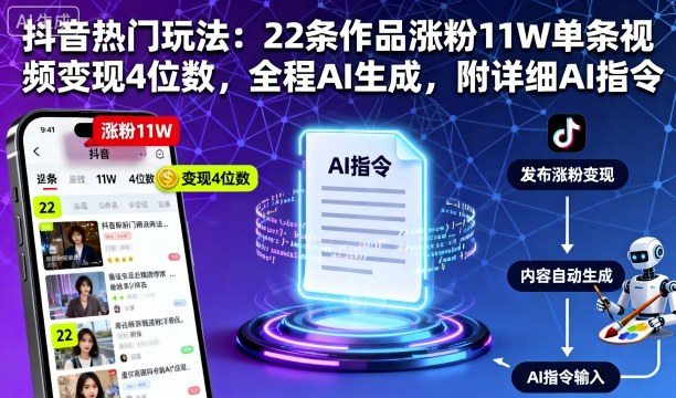 久爱副业网,网赚项目,网赚论坛博客网分享抖音热门玩法：22条作品涨粉11W单条视频变现4位数，全程AI生成，附详细AI指令