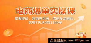电商爆款起店实战课:价格优化+营销推广全攻略,多渠道流量助推7天从零到1500单落地教程-每日必学网