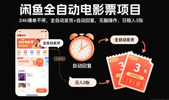 久爱副业网,网赚项目,网赚论坛博客网分享闲鱼全自动电影票项目，24h爆单不停，全自动发货+自动回复，无脑操作，日稳入3张【揭秘】