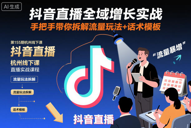 抖音直播全域增长实战第155期杭州线下课,手把手带你拆解流量玩法+话术模板-每日必学网