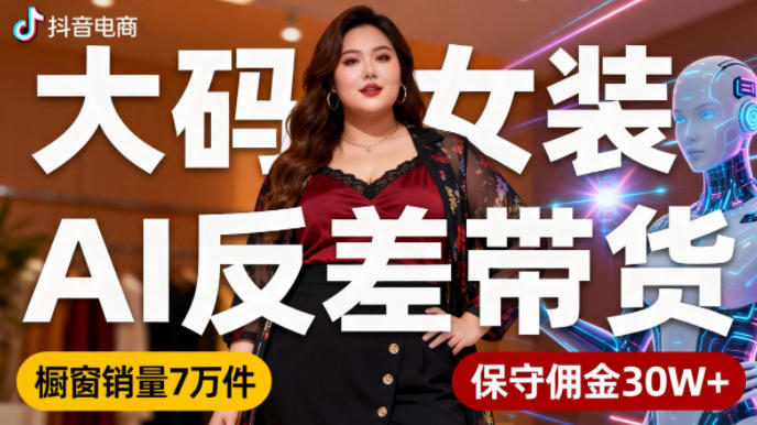 抖音小众赛道，大码女装AI反差带货，不用直播，每天6条作品，橱窗卖7万件，保守佣金30W+-每日必学网