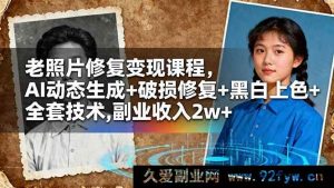 （16379期）老照片修复赚钱秘籍！AI 动态生成、破损修复、黑白上色全掌握，副业轻松月入 2w+-每日必学网