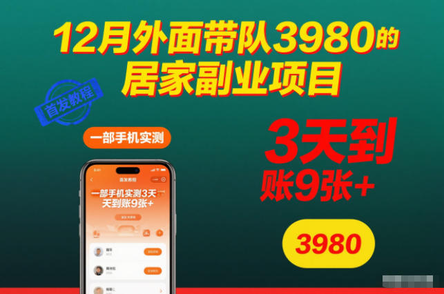 久爱副业网,网赚项目,网赚论坛博客网分享12月外面带队3980的居家副业项目，一部手机实测3天到账9张+，首发教程【揭秘】
