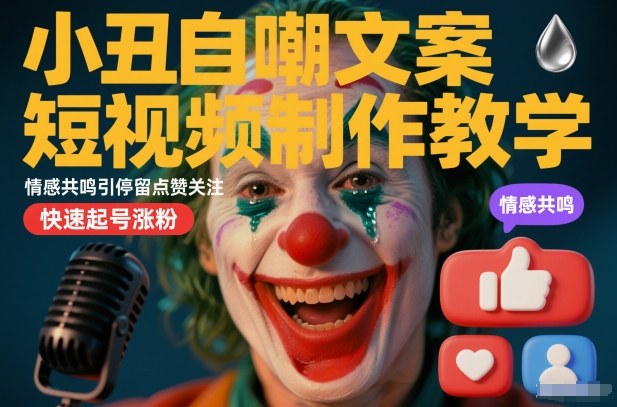 小丑自嘲文案短视频制作教学，情感共鸣引停留点赞关注，快速起号涨粉-每日必学网