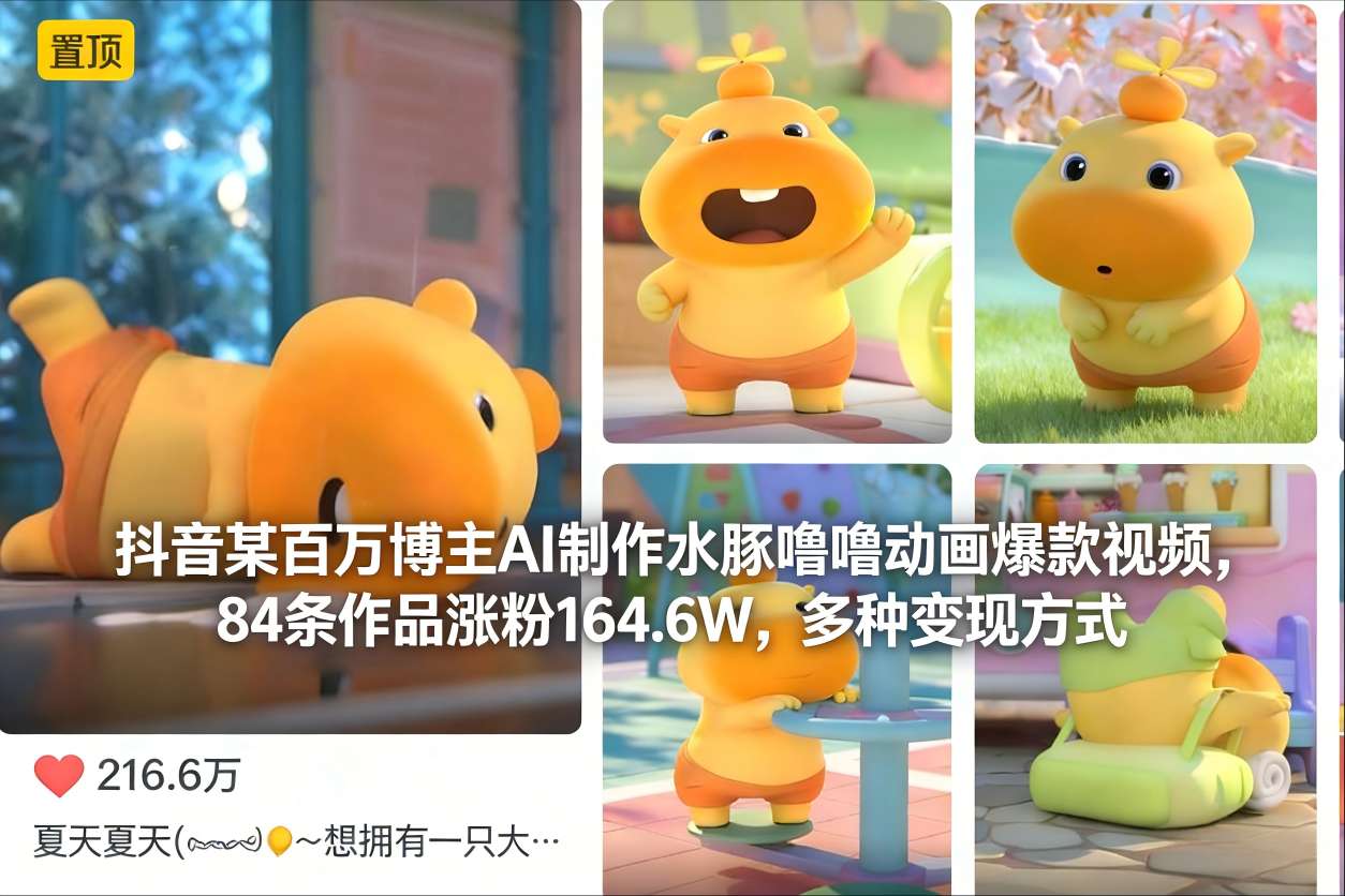 久爱副业网,网赚项目,网赚论坛博客网分享抖音某百万博主AI制作水豚噜噜动画爆款视频，84条作品涨粉164.6W，多种变现方式