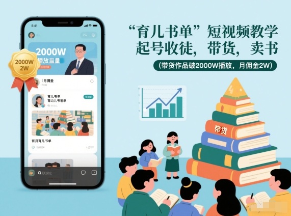 育儿书单短视频教学，起号收徒，带货，卖书（带货作品破2000W播放，月佣金2W）-每日必学网