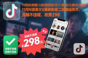 11月抖音某大V最新影视二创搬运技术，洗稿不违规，收费298-每日必学网