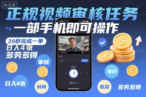 正规视频审核任务，一部手机即可操作，20秒完成一单，日入4张，多劳多得【揭秘】-每日必学网