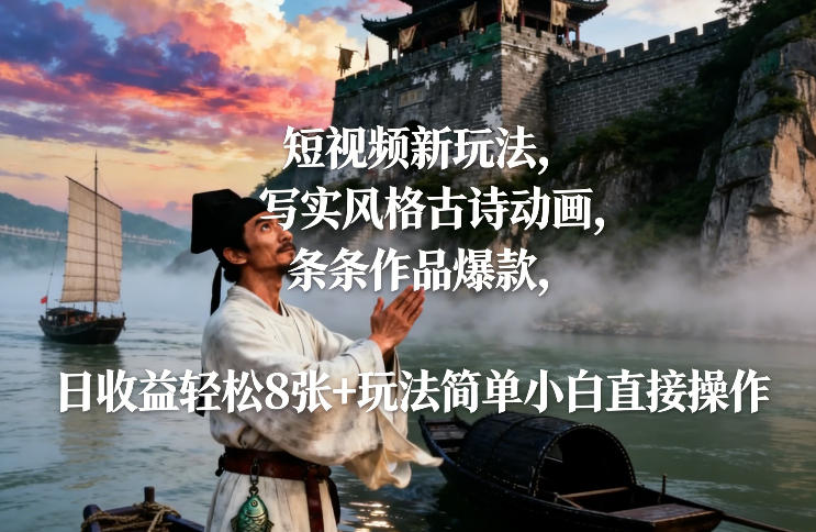 久爱副业网,网赚项目,网赚论坛博客网分享短视频新玩法，写实风格古诗动画，条条作品爆款，日收益轻松8张+玩法简单小白直接操作