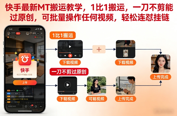 快手最新MT搬运教学，1比1搬运，一刀不剪能过原创，可批量操作任何视频，轻松连怼挂链-每日必学网