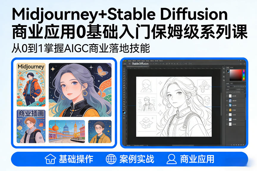 久爱副业网,网赚项目,网赚论坛博客网分享AIGC商业应用Midjourney+Stable Diffusion教程，0基础入门保姆级系列课
