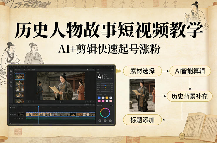 历史人物故事短视频教学，AI+剪辑制作历史人物题材短视频，快速起号涨粉-每日必学网