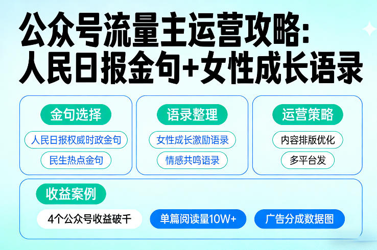 久爱副业网,网赚项目,网赚论坛博客网分享利用人民日报金句+女性成长语录做公众号流量主，4个公众号收益破千