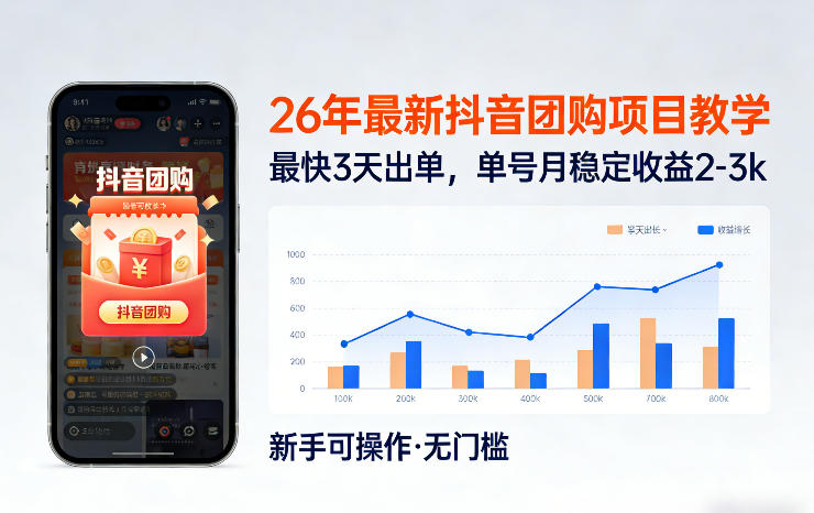 久爱副业网,网赚项目,网赚论坛博客网分享26年最新抖音团购项目教学，0门槛，最快3天出单，单号月稳定收益2-3k